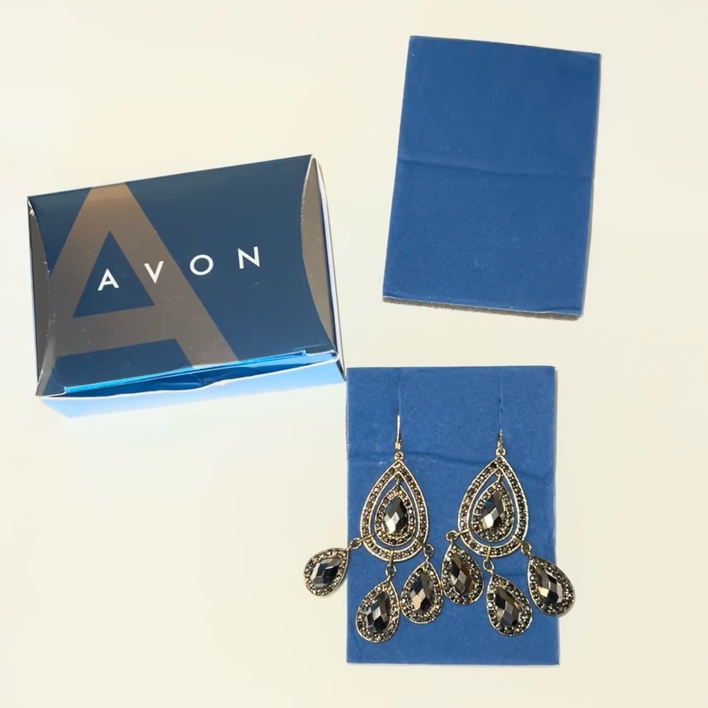 Avon embellished Hematite and gold colored Chandelier Earrings.